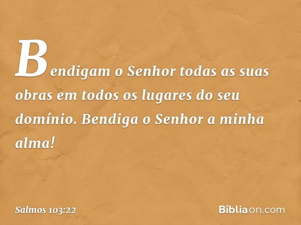 Bendigam o Senhor todas as suas obras
em todos os lugares do seu domínio.
Bendiga o Senhor a minha alma! -- Salmo 103:22