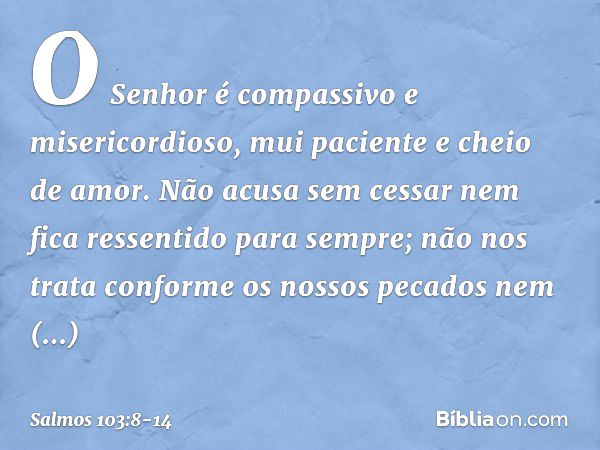 O Senhor é compassivo e misericordioso,
mui paciente e cheio de amor. Não acusa sem cessar
nem fica ressentido para sempre; não nos trata conforme os nossos pec