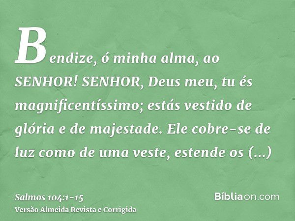 Bendize, ó minha alma, ao SENHOR! SENHOR, Deus meu, tu és magnificentíssimo; estás vestido de glória e de majestade.Ele cobre-se de luz como de uma veste, esten