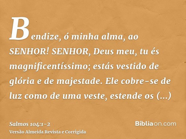 Bendize, ó minha alma, ao SENHOR! SENHOR, Deus meu, tu és magnificentíssimo; estás vestido de glória e de majestade.Ele cobre-se de luz como de uma veste, esten