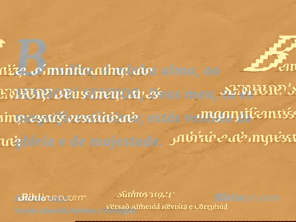 Bendize, ó minha alma, ao SENHOR! SENHOR, Deus meu, tu és magnificentíssimo; estás vestido de glória e de majestade.
