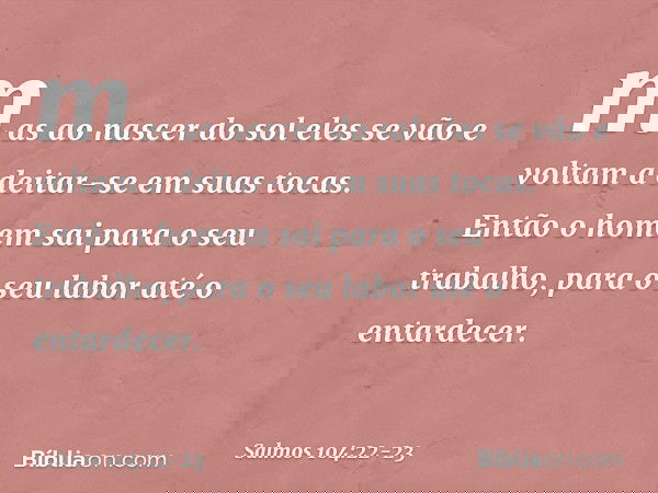 mas ao nascer do sol eles se vão
e voltam a deitar-se em suas tocas. Então o homem sai para o seu trabalho,
para o seu labor até o entardecer. -- Salmo 104:22-2