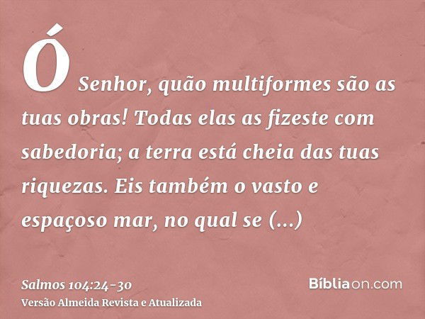 Ó Senhor, quão multiformes são as tuas obras! Todas elas as fizeste com sabedoria; a terra está cheia das tuas riquezas.Eis também o vasto e espaçoso mar, no qu