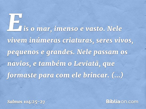 Eis o mar, imenso e vasto.
Nele vivem inúmeras criaturas,
seres vivos, pequenos e grandes. Nele passam os navios,
e também o Leviatã,
que formaste para com ele 