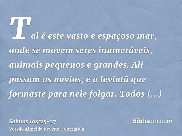 Tal é este vasto e espaçoso mar, onde se movem seres inumeráveis, animais pequenos e grandes.Ali passam os navios; e o leviatã que formaste para nele folgar.Tod