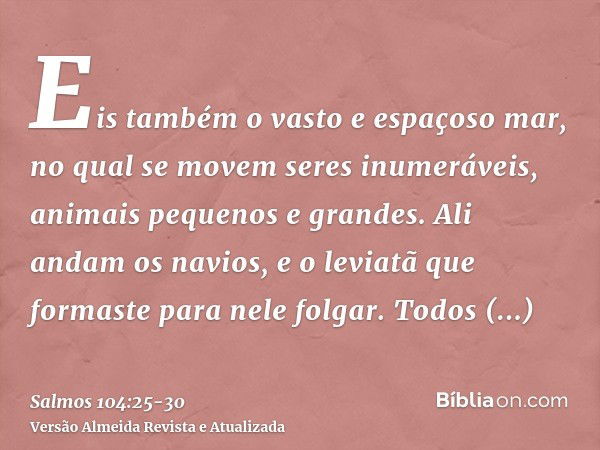 Eis também o vasto e espaçoso mar, no qual se movem seres inumeráveis, animais pequenos e grandes.Ali andam os navios, e o leviatã que formaste para nele folgar