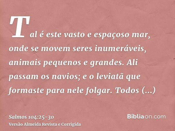 Tal é este vasto e espaçoso mar, onde se movem seres inumeráveis, animais pequenos e grandes.Ali passam os navios; e o leviatã que formaste para nele folgar.Tod