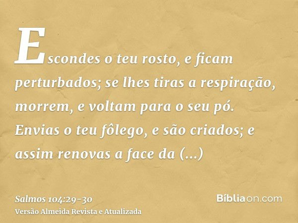 Escondes o teu rosto, e ficam perturbados; se lhes tiras a respiração, morrem, e voltam para o seu pó.Envias o teu fôlego, e são criados; e assim renovas a face