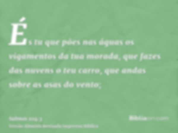 És tu que pões nas águas os vigamentos da tua morada, que fazes das nuvens o teu carro, que andas sobre as asas do vento;