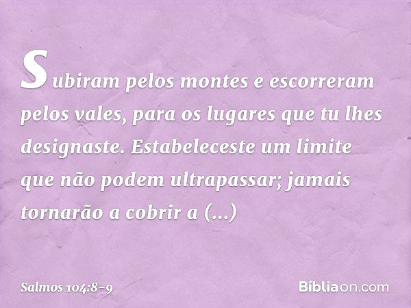 subiram pelos montes
e escorreram pelos vales,
para os lugares que tu lhes designaste. Estabeleceste um limite
que não podem ultrapassar;
jamais tornarão a cobr