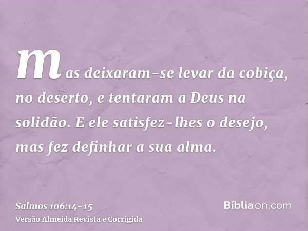 mas deixaram-se levar da cobiça, no deserto, e tentaram a Deus na solidão.E ele satisfez-lhes o desejo, mas fez definhar a sua alma.