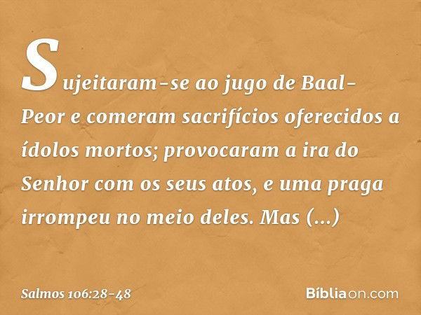 Sujeitaram-se ao jugo de Baal-Peor
e comeram sacrifícios oferecidos
a ídolos mortos; provocaram a ira do Senhor
com os seus atos,
e uma praga irrompeu no meio d