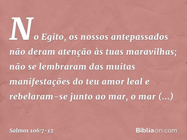 No Egito, os nossos antepassados
não deram atenção às tuas maravilhas;
não se lembraram das muitas manifestações
do teu amor leal
e rebelaram-se junto ao mar, o