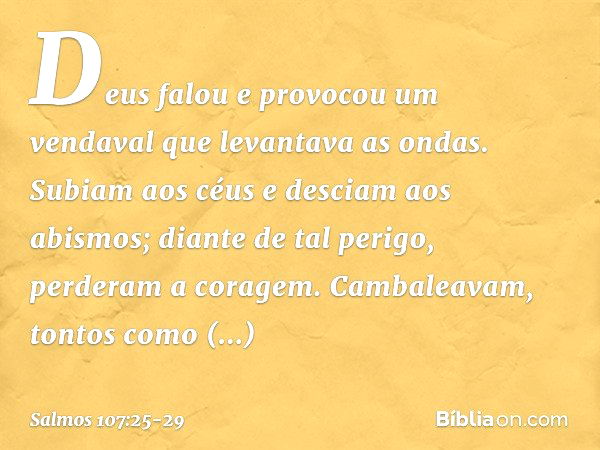 Deus falou e provocou um vendaval
que levantava as ondas. Subiam aos céus e desciam aos abismos;
diante de tal perigo, perderam a coragem. Cambaleavam, tontos c