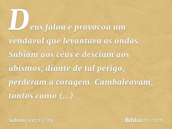 Deus falou e provocou um vendaval
que levantava as ondas. Subiam aos céus e desciam aos abismos;
diante de tal perigo, perderam a coragem. Cambaleavam, tontos c