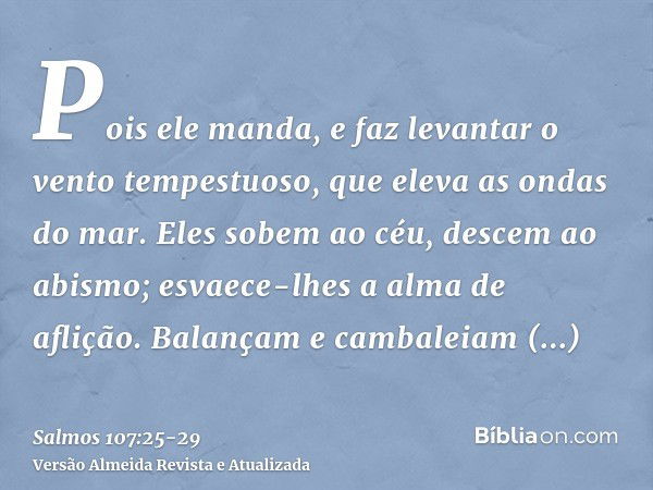 Pois ele manda, e faz levantar o vento tempestuoso, que eleva as ondas do mar.Eles sobem ao céu, descem ao abismo; esvaece-lhes a alma de aflição.Balançam e cam