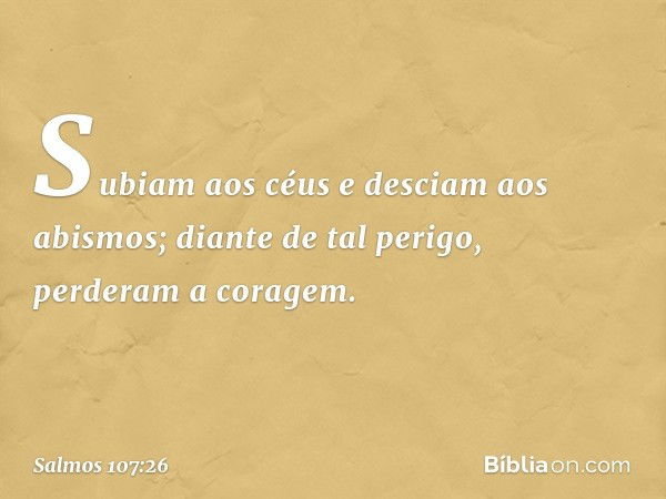 Subiam aos céus e desciam aos abismos;
diante de tal perigo, perderam a coragem. -- Salmo 107:26