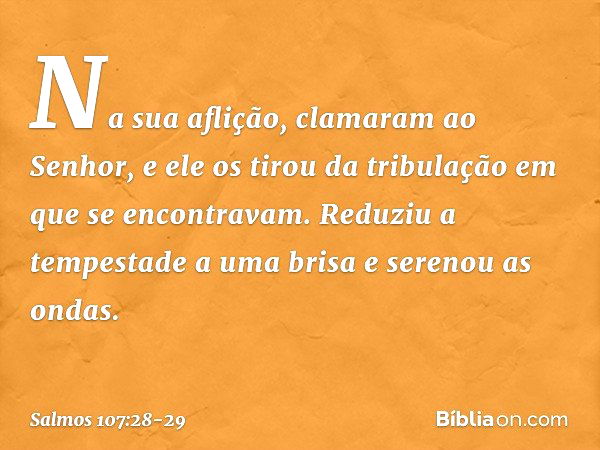 Na sua aflição, clamaram ao Senhor,
e ele os tirou da tribulação
em que se encontravam. Reduziu a tempestade a uma brisa
e serenou as ondas. -- Salmo 107:28-29