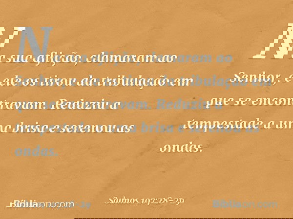 Na sua aflição, clamaram ao Senhor,
e ele os tirou da tribulação
em que se encontravam. Reduziu a tempestade a uma brisa
e serenou as ondas. -- Salmo 107:28-29