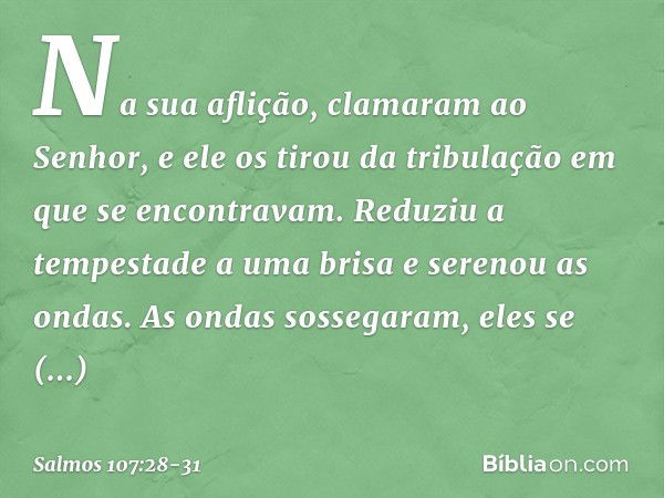 Na sua aflição, clamaram ao Senhor,
e ele os tirou da tribulação
em que se encontravam. Reduziu a tempestade a uma brisa
e serenou as ondas. As ondas sossegaram