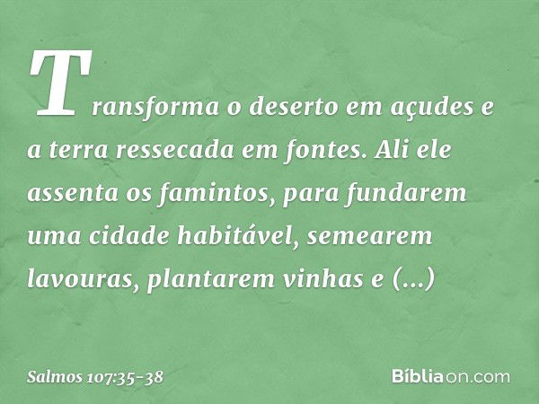 Transforma o deserto em açudes
e a terra ressecada em fontes. Ali ele assenta os famintos,
para fundarem uma cidade habitável, semearem lavouras, plantarem vinh