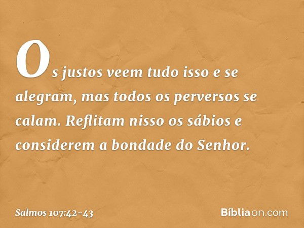 Os justos veem tudo isso e se alegram,
mas todos os perversos se calam. Reflitam nisso os sábios
e considerem a bondade do Senhor. -- Salmo 107:42-43