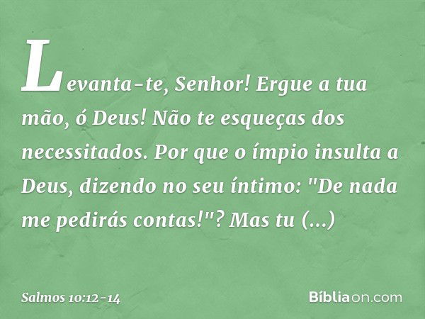 Levanta-te, Senhor!
Ergue a tua mão, ó Deus!
Não te esqueças dos necessitados. Por que o ímpio insulta a Deus,
dizendo no seu íntimo:
"De nada me pedirás contas