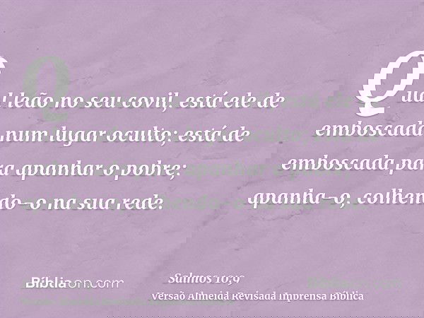 Qual leão no seu covil, está ele de emboscada num lugar oculto; está de emboscada para apanhar o pobre; apanha-o, colhendo-o na sua rede.