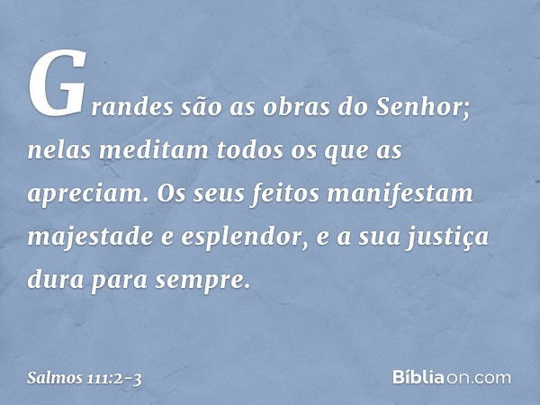 Grandes são as obras do Senhor;
nelas meditam todos os que as apreciam. Os seus feitos manifestam
majestade e esplendor,
e a sua justiça dura para sempre. -- Sa