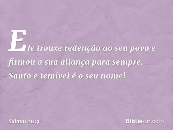 Ele trouxe redenção ao seu povo
e firmou a sua aliança para sempre.
Santo e temível é o seu nome! -- Salmo 111:9