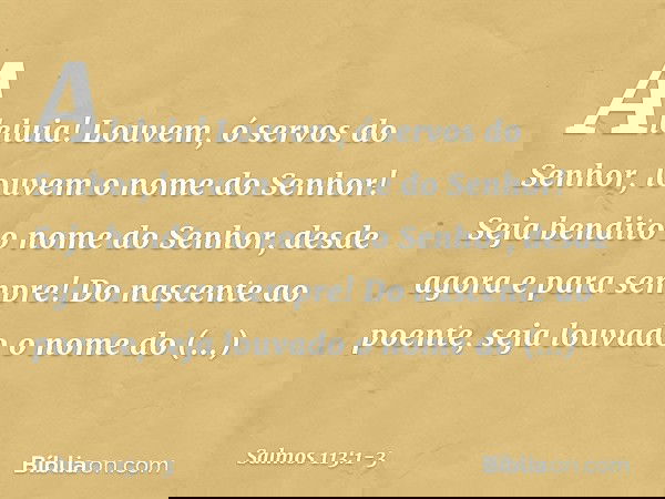 Aleluia!
Louvem, ó servos do Senhor,
louvem o nome do Senhor! Seja bendito o nome do Senhor,
desde agora e para sempre! Do nascente ao poente,
seja louvado o no