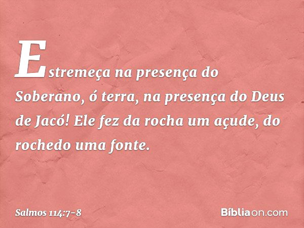 Estremeça na presença do Soberano, ó terra,
na presença do Deus de Jacó! Ele fez da rocha um açude,
do rochedo uma fonte. -- Salmo 114:7-8