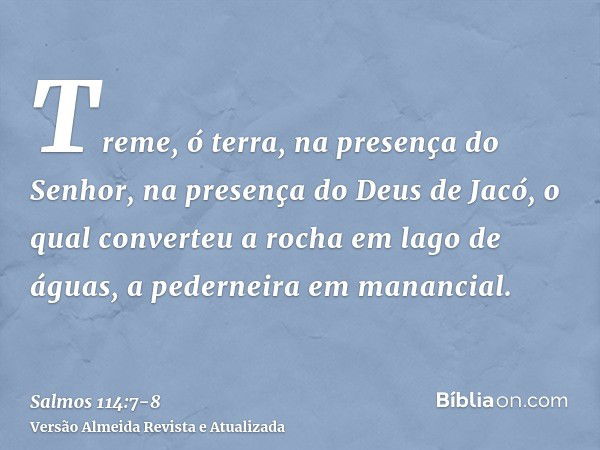 Treme, ó terra, na presença do Senhor, na presença do Deus de Jacó,o qual converteu a rocha em lago de águas, a pederneira em manancial.