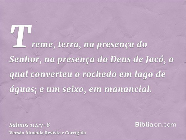 Treme, terra, na presença do Senhor, na presença do Deus de Jacó,o qual converteu o rochedo em lago de águas; e um seixo, em manancial.