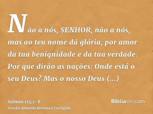 Não a nós, SENHOR, não a nós, mas ao teu nome dá glória, por amor da tua benignidade e da tua verdade.Por que dirão as nações: Onde está o seu Deus?Mas o nosso 