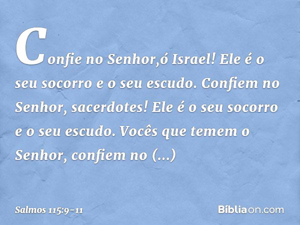 Confie no Senhor,ó Israel!
Ele é o seu socorro e o seu escudo. Confiem no Senhor, sacerdotes!
Ele é o seu socorro e o seu escudo. Vocês que temem o Senhor,
conf