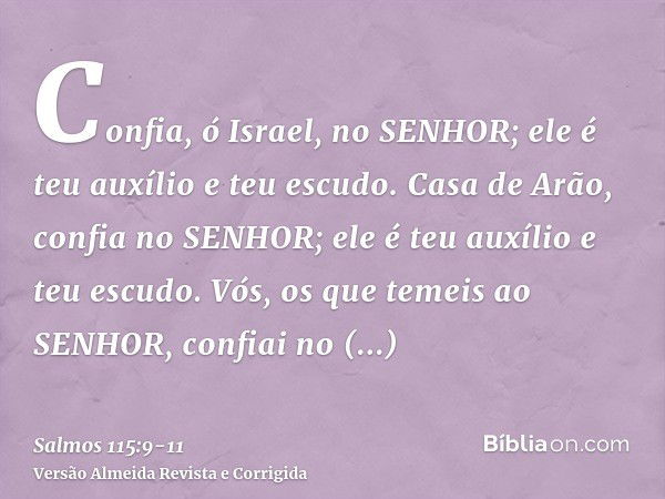 Confia, ó Israel, no SENHOR; ele é teu auxílio e teu escudo.Casa de Arão, confia no SENHOR; ele é teu auxílio e teu escudo.Vós, os que temeis ao SENHOR, confiai