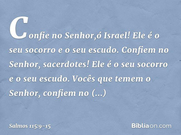 Confie no Senhor,ó Israel!
Ele é o seu socorro e o seu escudo. Confiem no Senhor, sacerdotes!
Ele é o seu socorro e o seu escudo. Vocês que temem o Senhor,
conf