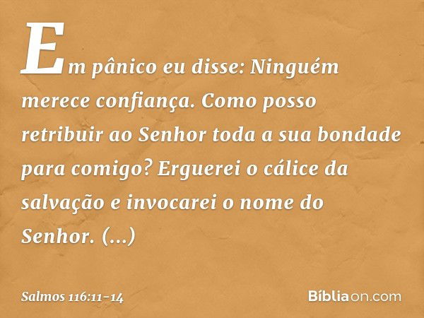 Em pânico eu disse:
Ninguém merece confiança. Como posso retribuir ao Senhor
toda a sua bondade para comigo? Erguerei o cálice da salvação
e invocarei o nome do