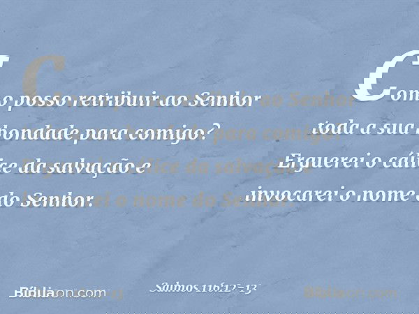 Como posso retribuir ao Senhor
toda a sua bondade para comigo? Erguerei o cálice da salvação
e invocarei o nome do Senhor. -- Salmo 116:12-13