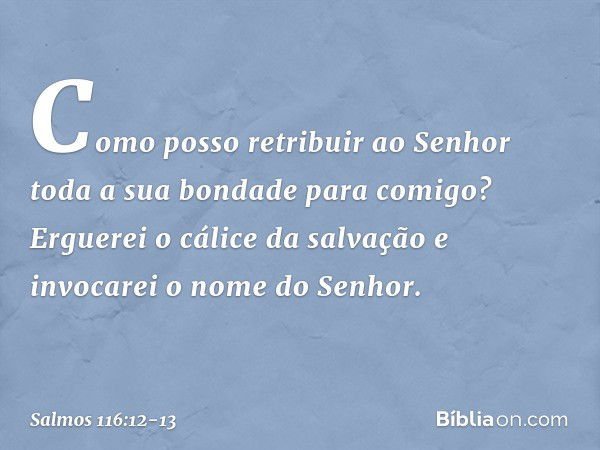 Como posso retribuir ao Senhor
toda a sua bondade para comigo? Erguerei o cálice da salvação
e invocarei o nome do Senhor. -- Salmo 116:12-13