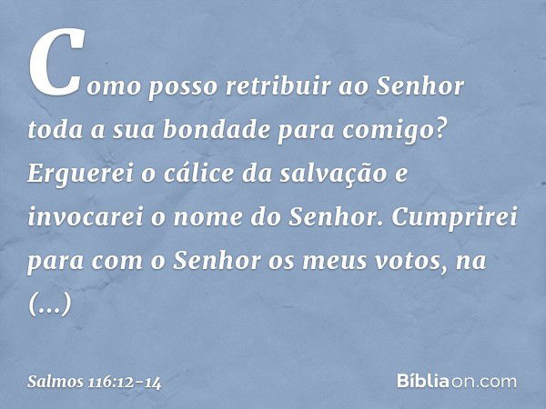 Como posso retribuir ao Senhor
toda a sua bondade para comigo? Erguerei o cálice da salvação
e invocarei o nome do Senhor. Cumprirei para com o Senhor
os meus v