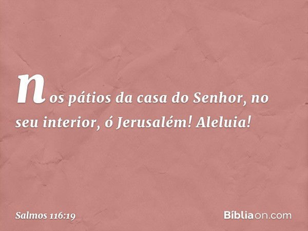 nos pátios da casa do Senhor,
no seu interior, ó Jerusalém!
Aleluia! -- Salmo 116:19