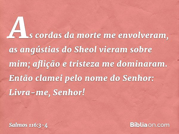 As cordas da morte me envolveram,
as angústias do Sheol vieram sobre mim;
aflição e tristeza me dominaram. Então clamei pelo nome do Senhor:
Livra-me, Senhor! -