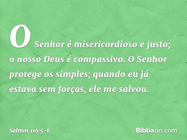 O Senhor é misericordioso e justo;
o nosso Deus é compassivo. O Senhor protege os simples;
quando eu já estava sem forças, ele me salvou. -- Salmo 116:5-6