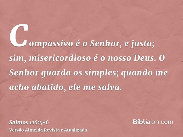 Compassivo é o Senhor, e justo; sim, misericordioso é o nosso Deus.O Senhor guarda os simples; quando me acho abatido, ele me salva.