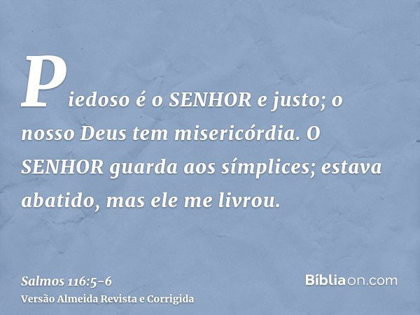 Piedoso é o SENHOR e justo; o nosso Deus tem misericórdia.O SENHOR guarda aos símplices; estava abatido, mas ele me livrou.