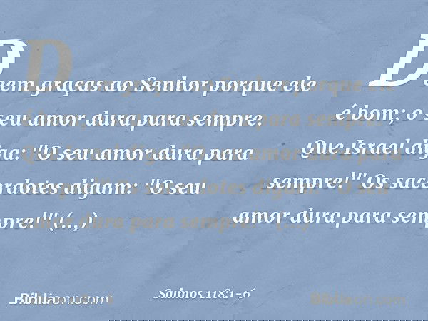Deem graças ao Senhor porque ele é bom;
o seu amor dura para sempre. Que Israel diga:
"O seu amor dura para sempre!" Os sacerdotes digam:
"O seu amor dura para