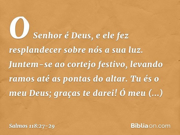 O Senhor é Deus,
e ele fez resplandecer sobre nós a sua luz.
Juntem-se ao cortejo festivo,
levando ramos até as pontas do altar. Tu és o meu Deus; graças te dar