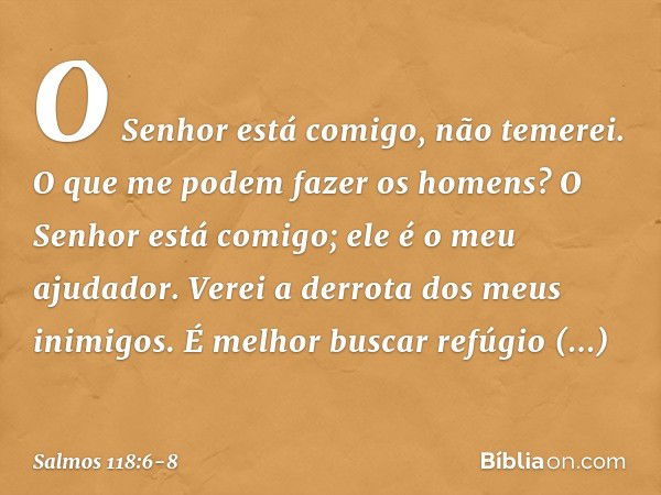 O Senhor está comigo, não temerei.
O que me podem fazer os homens? O Senhor está comigo;
ele é o meu ajudador.
Verei a derrota dos meus inimigos. É melhor busca